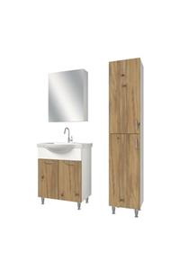 banos Tm1 Metal Ayaklı 2 Kapaklı Lavabolu Ceviz Mdf 65 Cm Banyo Dolabı Aynalı Üst Dolap Boy Dolabı