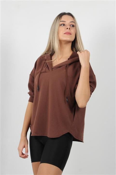 Turuncumsu Kahverengi Kapüşonlu V Yaka Sweatshirt