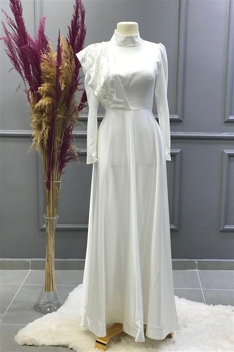 Ebrar Store Pelerini Işlemeli Saten Abiye-ekru