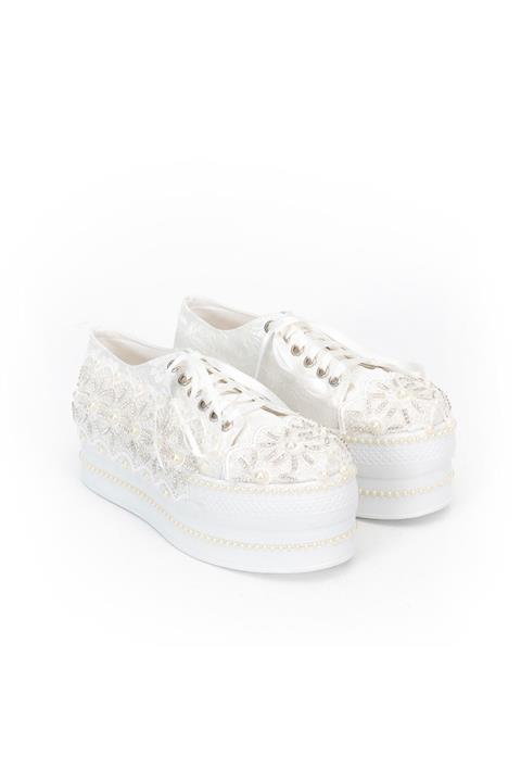 Çnr&Dvs Beyaz Çınar Taşlı Kadın Dolgu Topuklu Ayakkabı 1502CNR