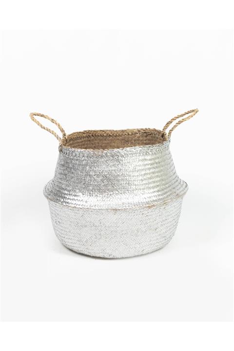 Wisha Natural Gümüş X Large Boy Katlanabilir Hasır Sepet / Saksılık 40x36cm