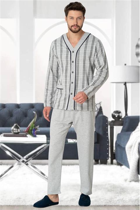 by HW Pamuklu Gri Önden Düğmeli Büyük Beden Erkek Pijama Takımı