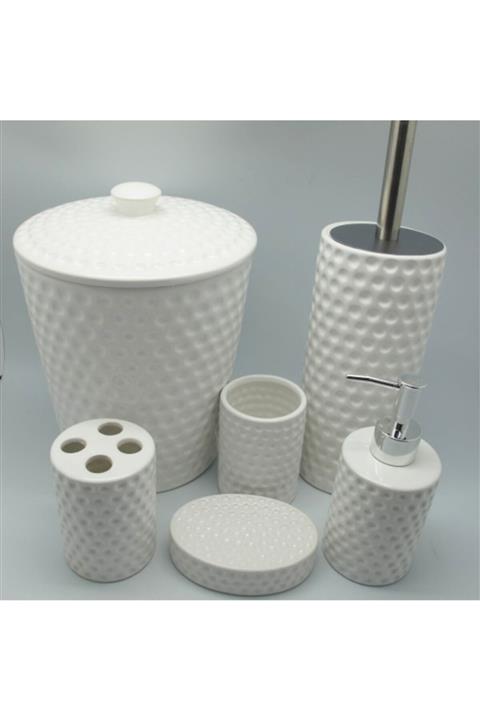 çilekev Beyaz Porselen Çöp Kovalı Golf Desenli Banyo Seti Takımı 6 Parça