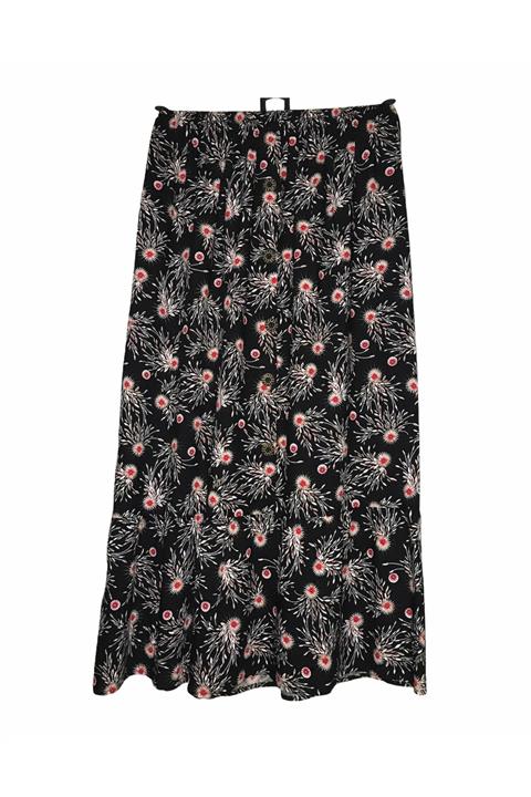SAVCIGİYİM Siyah Zemin Desenli Fırfırlı Düğmeli Lastikli Etek