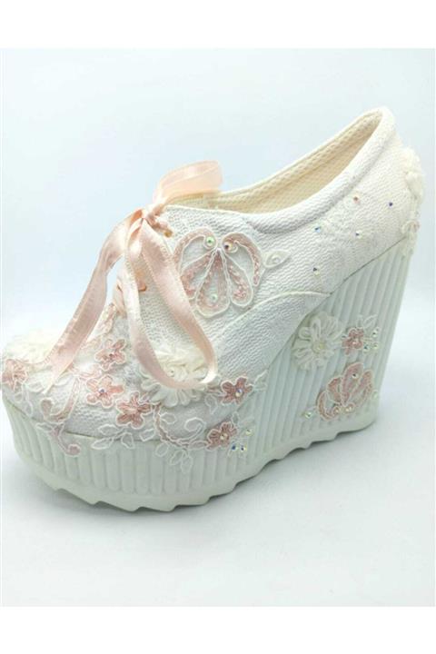 Merve Kadın Ekru İşlemeli Topuklu Ayakkabı