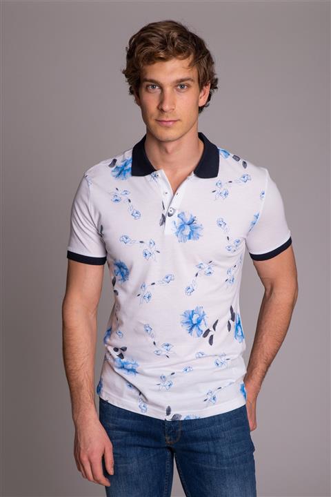 Dufy BEYAZ POLO YAKA MAVİ BASKILI ERKEK T-SHIRT - SLİM FİT