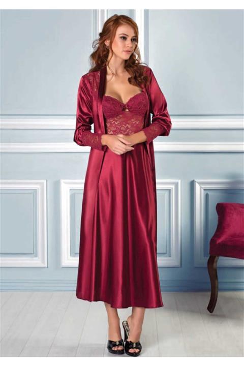Pierre Cardin Kadın Bordo Uzun Gecelik Sabahlık Takımı 6'lı 6660