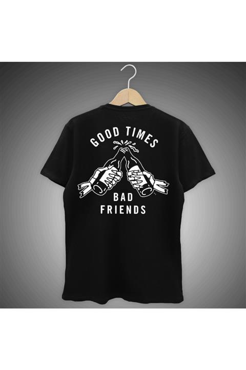 nrage Good Times Bad Friends Sırt Baskılı Siyah Tişört