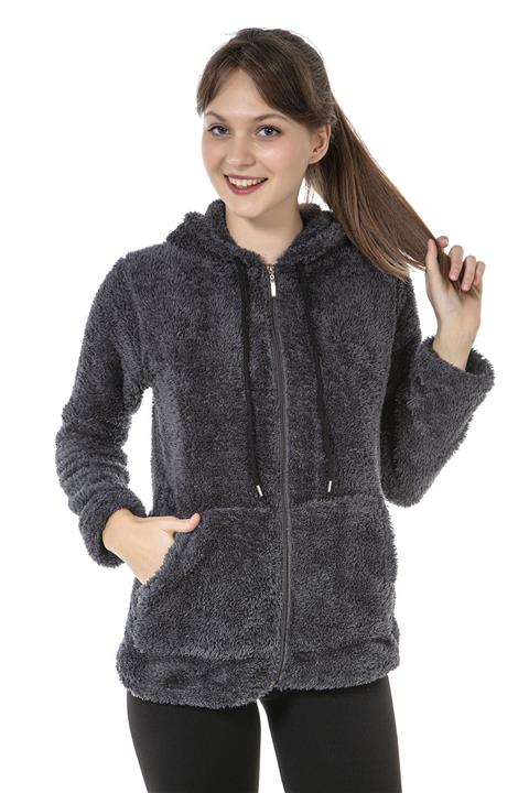 EtkiModa Kadın Antrasit Uzun Kollu Kopüşonlu Peluş Ceket