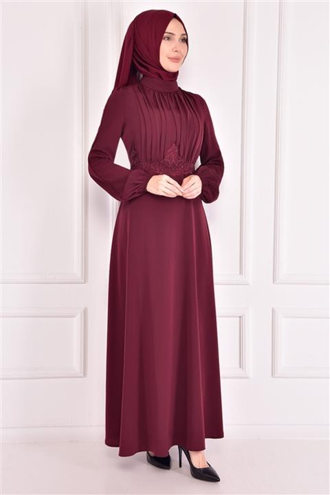 ModaMerve Güpür Detay Elbise Bordo Asm2387
