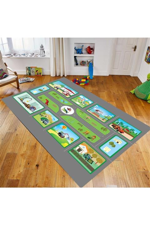 BKkids Gri Araba Yollu Çocuk Odası Halısı