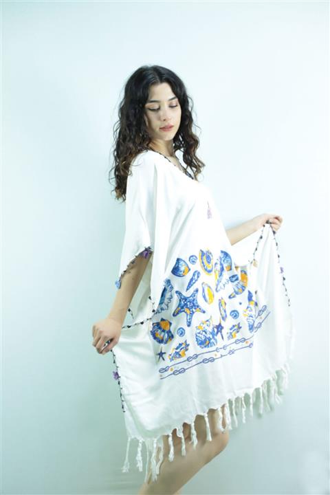 KESTEL TEKSTİL Kadın Beyaz Baskılı Peştemal Elbise