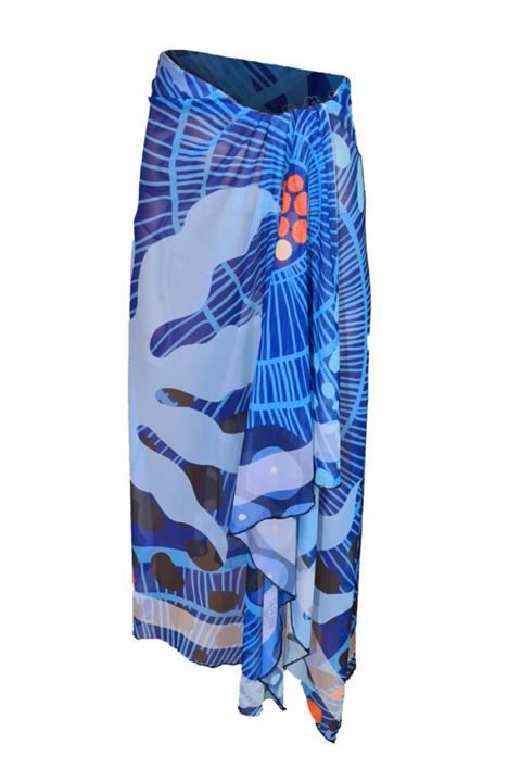 Bolder Mavi Mercan Resifi Desen Mesh Tül Pareo (110*180 Cm)