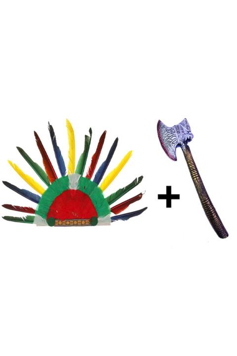 Samur Rengarenk Kızılderili Tüylü Başlık Ve Plastik Kızılderili Baltası