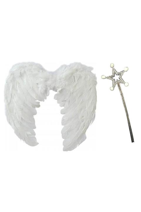 Beyaz At 2022 Yılbaşı Fırsatları - Beyaz Renk Orta Boy Çocuk Melek Kanadı 35x50 Cm Ve Beyaz Ponponlu Asa -