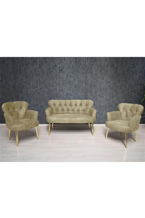 Olinpa Koltuk Takımı Balkon Ofis Cafe Bahçe Bekleme Takımı  Gold Metal Ayak 2+1+1
