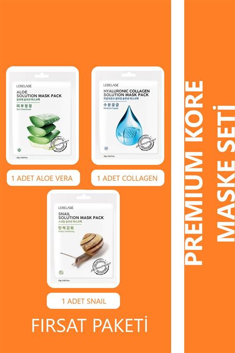 LEBELAGE Salyangoz Özlü, Aloe Veralı, Kolajen Içeren, Sıkılaştırıcı Ve Nemlendirici 3'lü Yaprak Maske Set