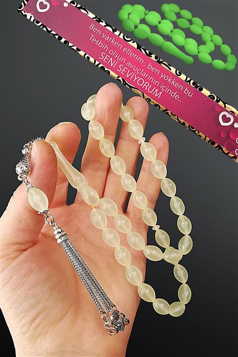 Modalyon Sevgililer Gününe Özel Fosforlu Kedigözü Toz Kehribar Tesbih 2 Baş Harfli Özel Kutulu Tespih