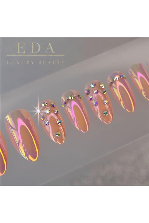 EDA LUXURY BEAUTY Pembe Metalik Takma Tırnak Lüks Parlak 3d Kristal Taşlı Uzun Oval Pointed Stiletto Yapıştırıcılı Set