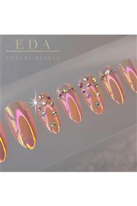 EDA LUXURY BEAUTY Pembe Metalik Takma Tırnak Lüks Parlak 3d Kristal Taşlı Uzun Oval Pointed Stiletto Yapıştırıcılı Set