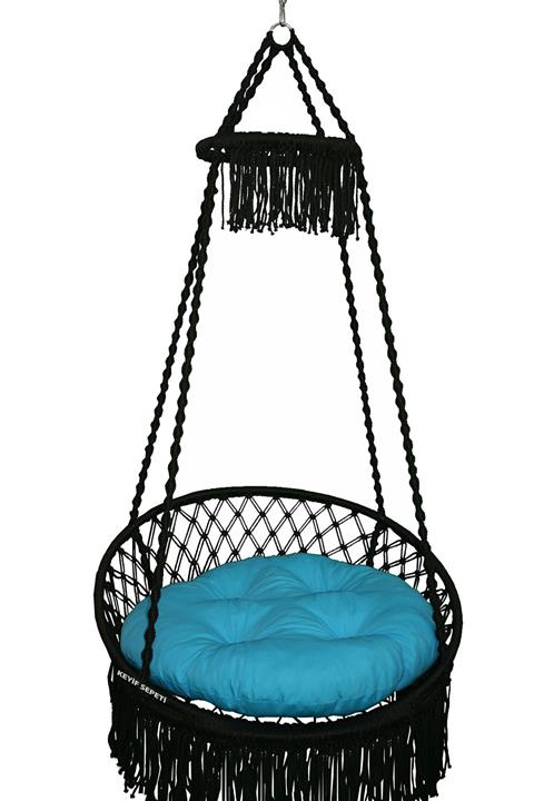 KEYİF SEPETİ Püsküllü Relaks Lüks Salıncak (siyah) Lacivert Minderli