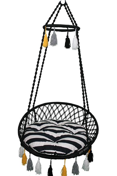 KEYİF SEPETİ Renkli Püsküllü Relaks Lüks Salıncak(siyah) Siyah Beyaz Minderli