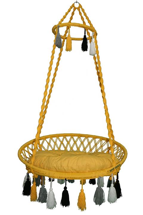 KEYİF SEPETİ Renkli Püsküllü Relaks Lüks Salıncak(sarı) Sarı Minderli