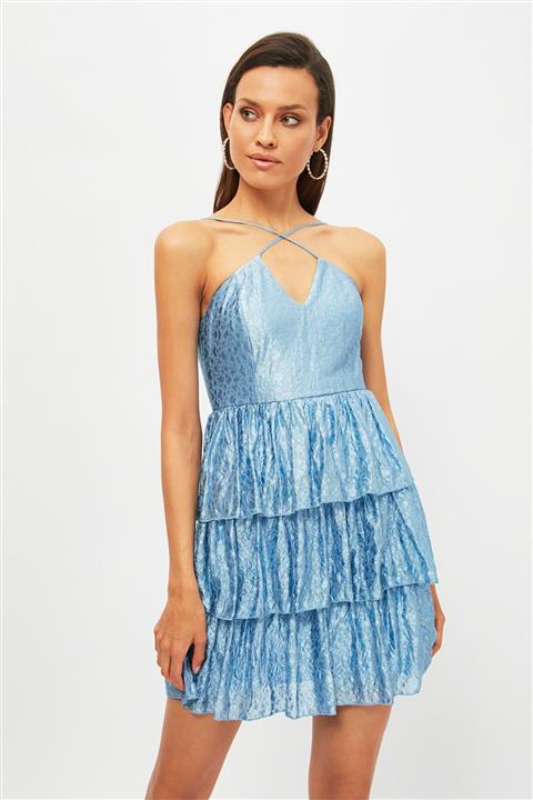 TRENDYOLMİLLA Mavi Yaka Detaylı Jakar Elbise TPRSS21EL3195