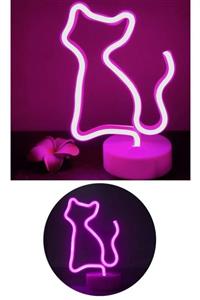 TechnoSmart Pembe Kedi Model Neon Led Işıklı Masa Lambası Dekoratif Aydınlatma Gece Lambası