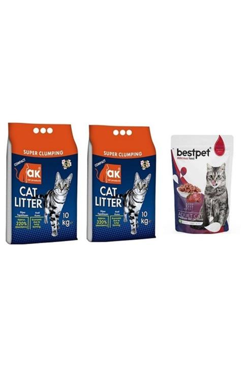 Akkum Bebek Pudralı Kedi Kumu Kalın 10 Kg X 2 Adet + Bestpet Beef Pouch Yaşmama Biftekli