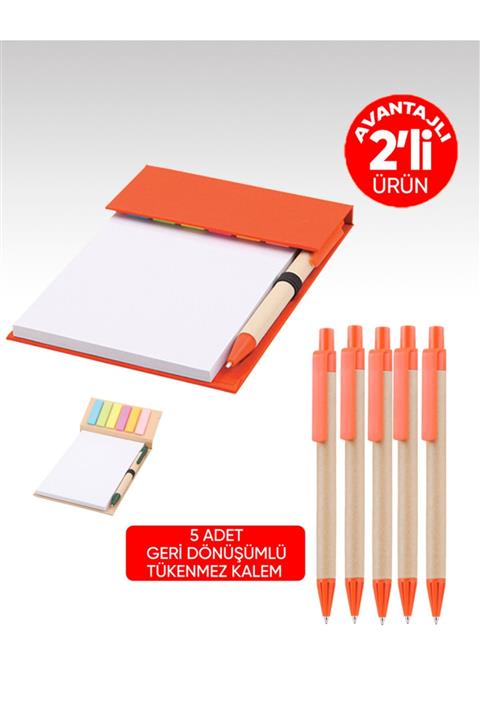 EGESTA Geri Dönüşümlü Renkli Yapışkanlı Kağıtlı Not Defteri-5 Adet Mavi Mürekkepli Tükenmez Kalem - Turuncu