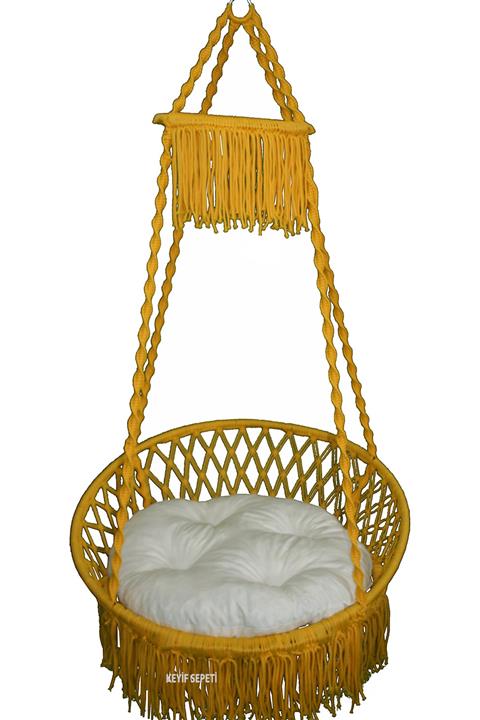 KEYİF SEPETİ Püsküllü Lüks Relaks Salıncak Sarı ( Beyaz Minderli)