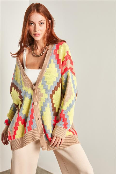 YLondon Kadın Camel Çok Renkli Jakarlı Triko YL-HR99957
