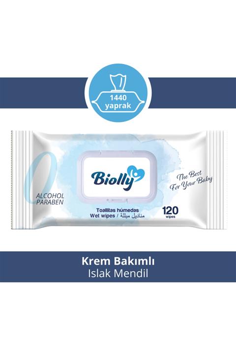 Biolly Krem Bakımlı Islak Mendil 12x120 Yaprak