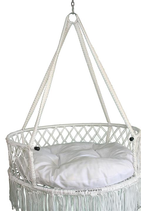 KEYİF SEPETİ Püsküllü 80'lik Beyaz Beyaz Minderli Davul Salıncak