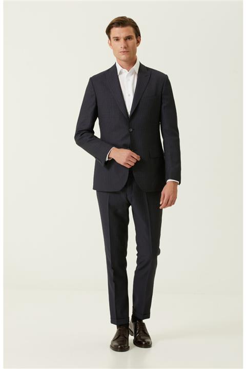 Network Slim Fit Lacivert Çizgili Yün Takım Elbise