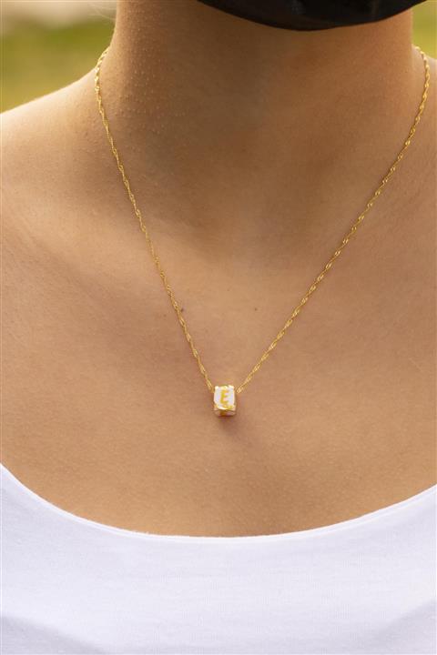 Bayar Gold 14 Ayar Altın E Harfli Beyaz Kafesli Boncuklu Singapur Kolye