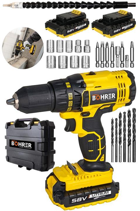 BÖHRER Germany Technology 58 V 5 Ah Copper Darbeli Metal Şanzıman 27 Parça Çift Akülü Vidalama Matkap