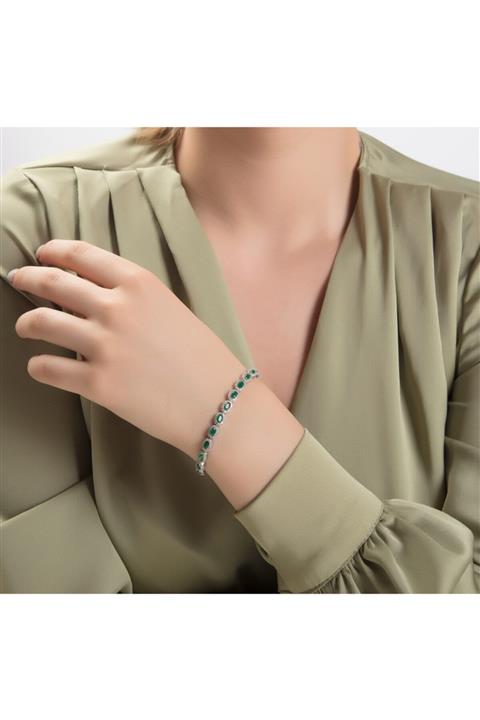 Tayan Jewellery Kadın 925 Ayar Gümüş Oval Zümrüt Taşlı Su Yolu Bileklik