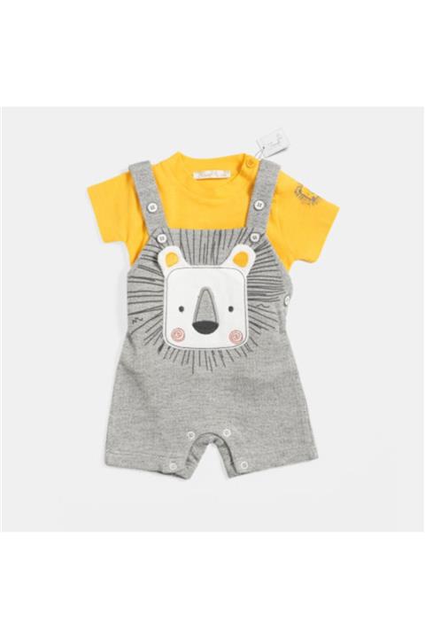 FİORELLA BİGOBABY Erkek Bebek Köpek Baskılı Omuzu Çıtçıtlı Sarı T-shirt Pamuk Dokuma Kumaş Gri Salopet 2015