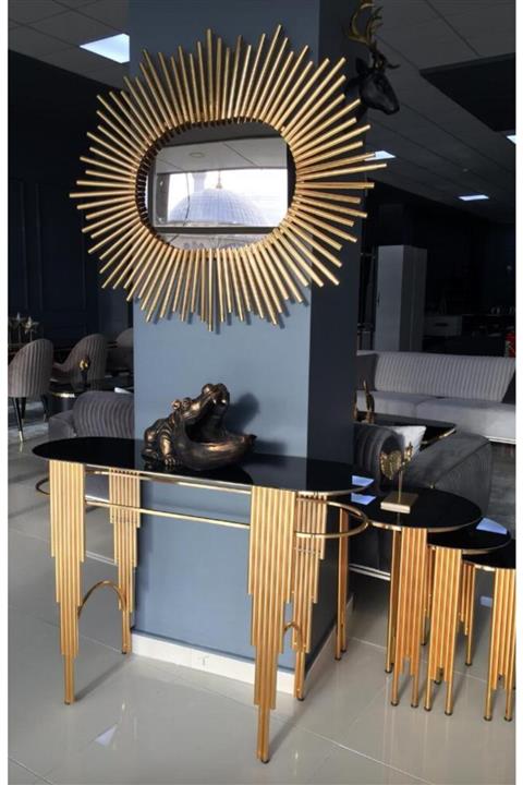 BMS TASARIM ATÖLYESİ Dresuar Ayna Zigon Sehpa Takımı Gold