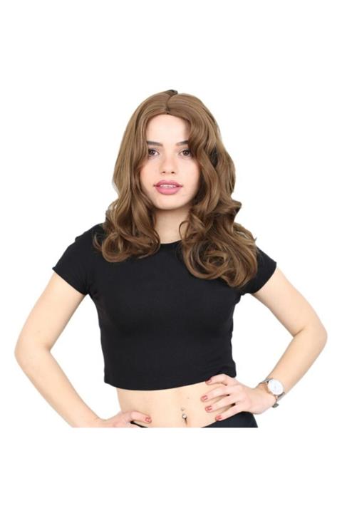 Peruk Evi Kahkülsüz Fiber Sentetik Orta Boy Dalgalı Peruk - Kumral