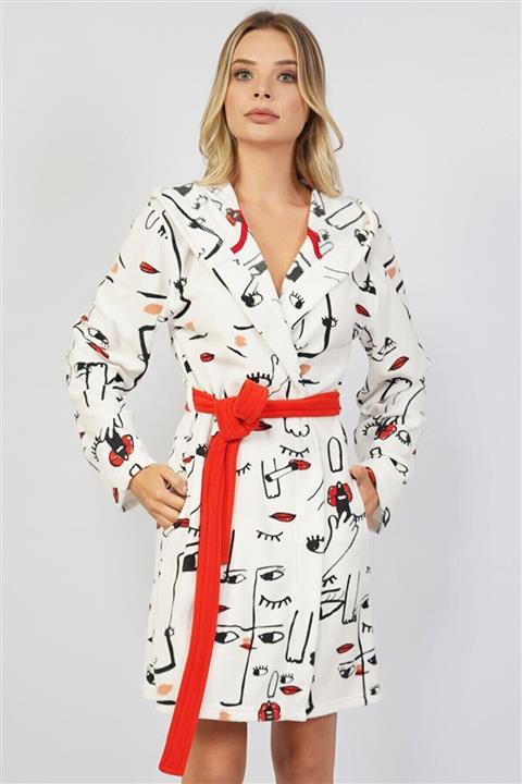 VİENETTA 103200-0169 Kadın Polar Kapüşonlu Beyaz Sabahlık