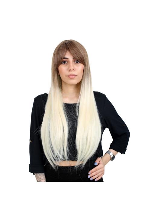 Peruk Market Fiber Sentetik Uzun Düz Kahküllü Peruk Kumral / Platin Ombreli