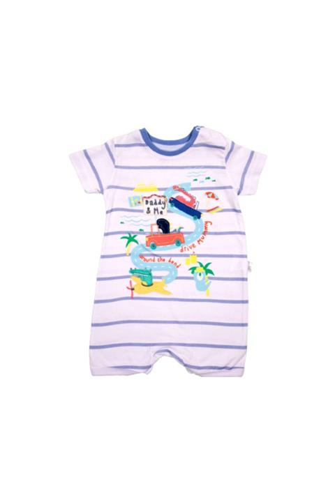 Şan Bebe Erkek Bebek Mavi Çizgili Araba Baskılı Tulum