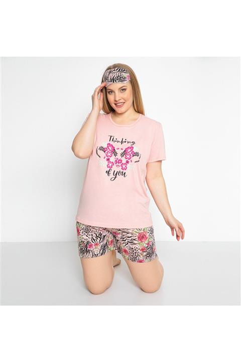 MİRELLA Kadın Pembe Kısa Kollu Şortlu Pamuklu Büyük Beden Pijama Takımı