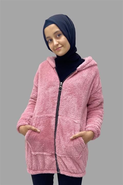 ModaBlusin Kapşonlu Fermuarlı Cepli Pembe Peluş Sweat Hırka