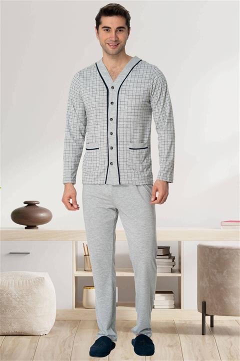 by HW Erkek Gri Önden Düğmeli Yazlık Büyük Beden Pijama Takımı
