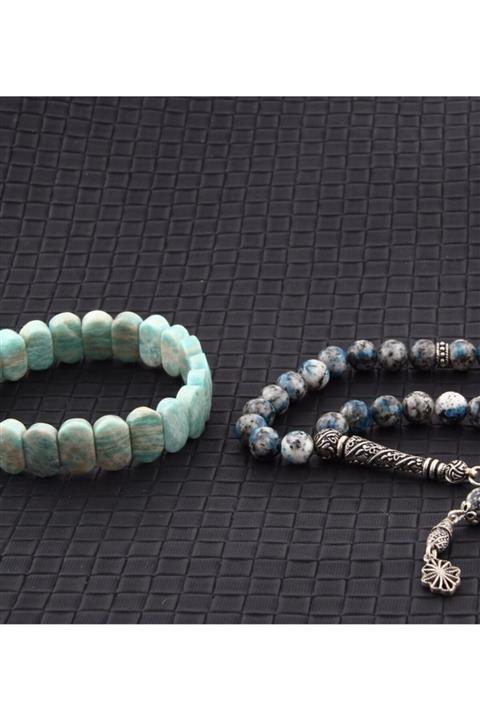 OSMANLI DOĞAL TAŞ Doğal Taş Bileklik Ve Tesbih Takımı - Raindrop Azurit Taşı (gümüş Aksam)