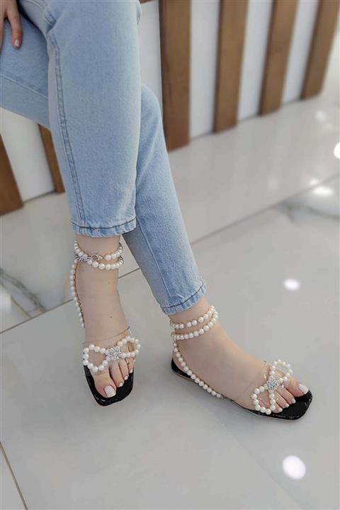 FELES Terra Bilekten Bağlamalı Inci Detaylı Şeffaf Kadın Sandalet Siyah